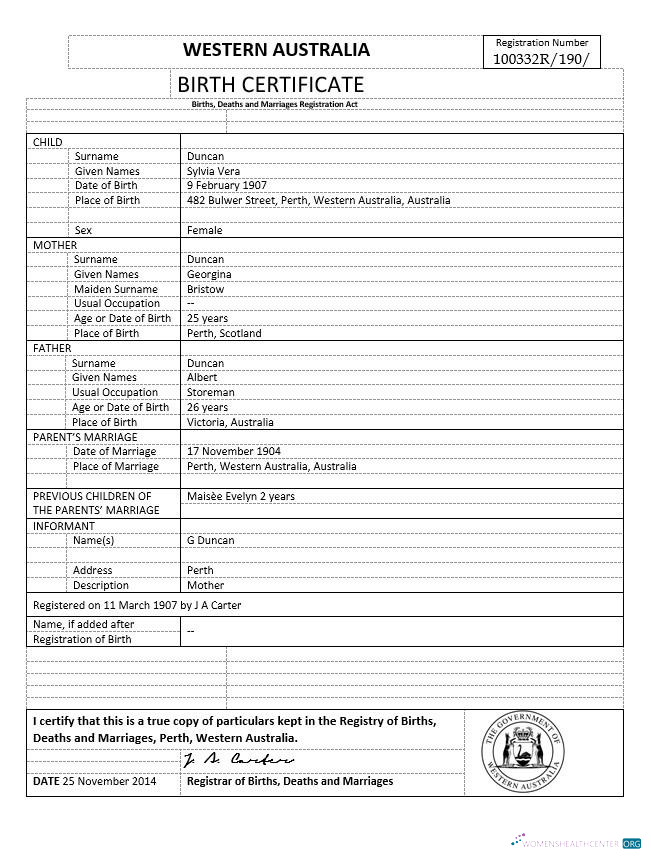 Download Australia Western Australia birth certificate template in Word format, version 1 Photoshop template